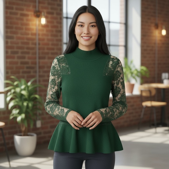 INC Green Lace Mock Neck Peplum Sweater Size XL - Picture 1 of 6